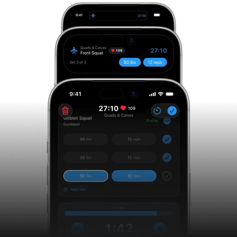 One-tap workout logging with rest timers